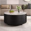 Table basse ronde moderne mobile avec roulettes, 2 tiroirs, plateau en pierre frittée à motif marbré