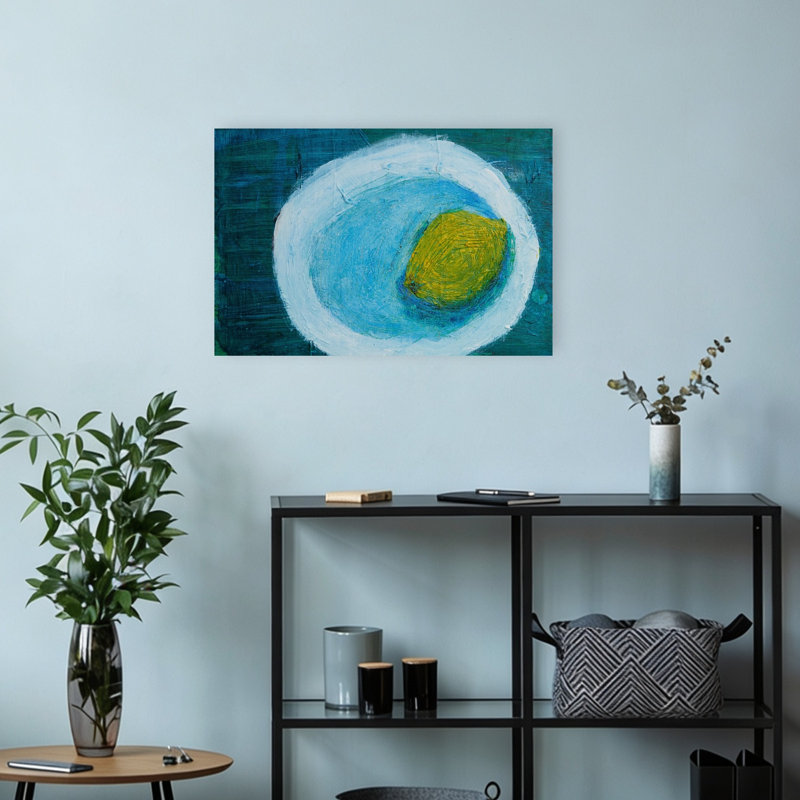 «Lemon In Blue Bowl», impression abstraite, fruit contemporain, océan, impression murale, 12" H x 18" W