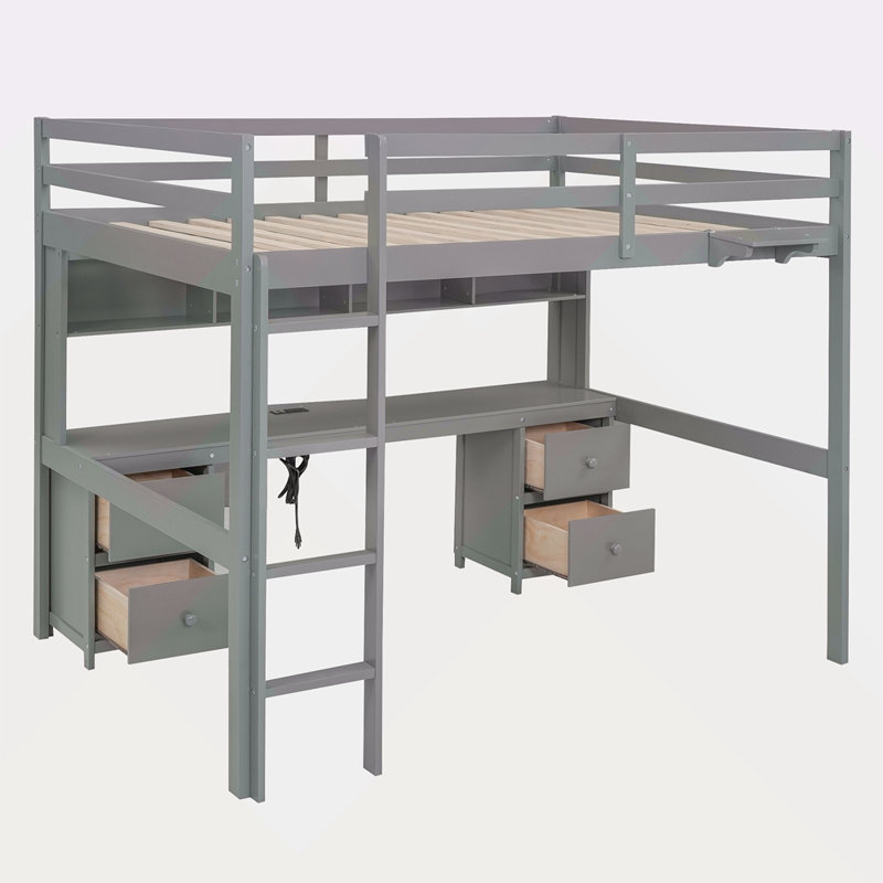 Lit mezzanine double avec bureau, armoires, tiroirs et plateau de chevet, station de charge, Gris