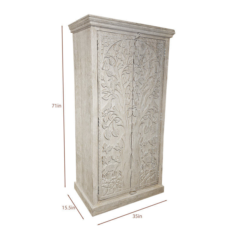 White Antique Hand-Carved Solid Wood Jungle Armoire