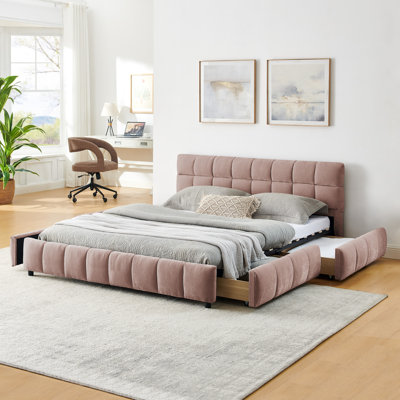 Grand lit plateforme tapissier avec tête de lit et tiroir de rangement, tissu chenille confortable, rose