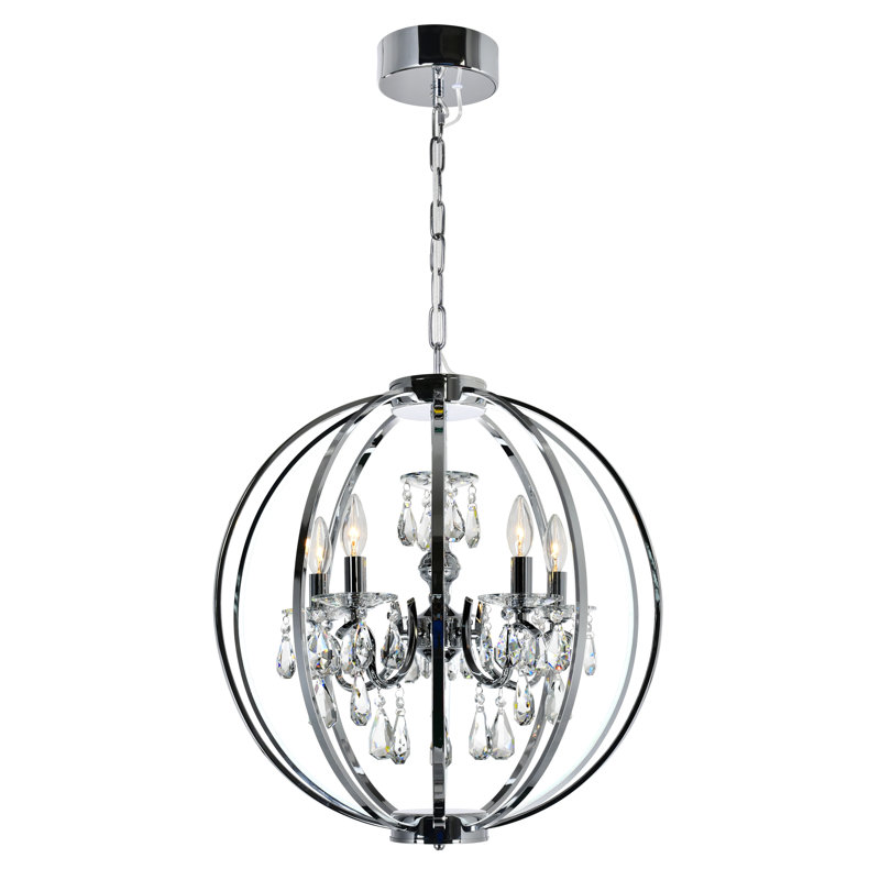 22" Chrome Chandelier for Dining Room, Foyer, Bedroom – Modern 5-Light Cage Design with Crystal Bead Drops & E12 Bulb Base – LED Compatible, BACL Certified