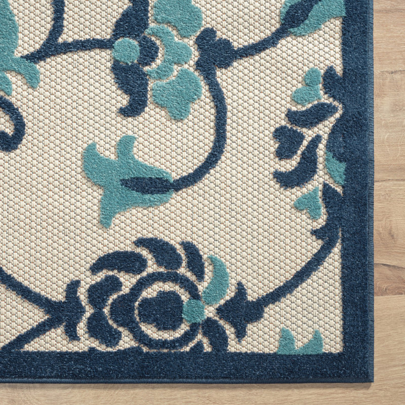 Tapis d'intérieur / extérieur tissé à la machine à motif floral damassé, Rectangle 7 pi 10 po x 9 pi 10 po