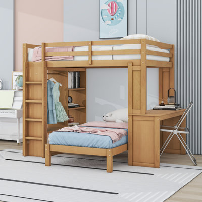 Multifunctional Wooden Bunk Bed With Integrated Desk, Wardrobe And Shelves by Harriet Bee