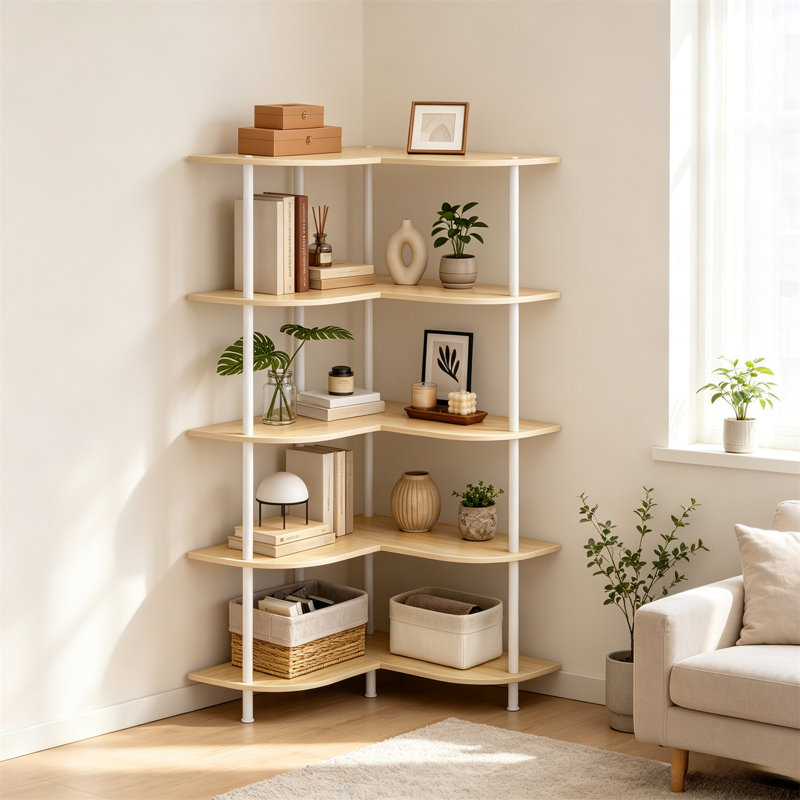Corner Shelf, 5-Tier Corner Storage Shelf, Adjustable Corner Bracket, Tall Corner Shelving Unit, Natural