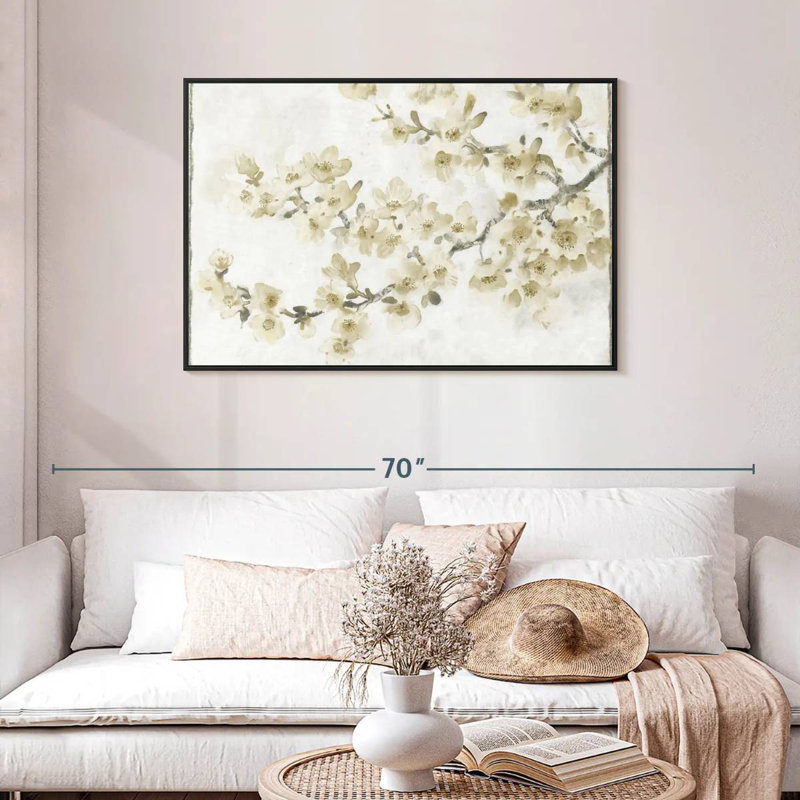 Composition neutre de cerisier en fleurs I, Cadre flottant noir, 43 po x 29 po