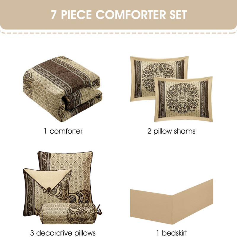 Myhand Microfiber 7 Piece Comforter Set, Queen Comforter + 6 Additional Pieces, Brown/Gold