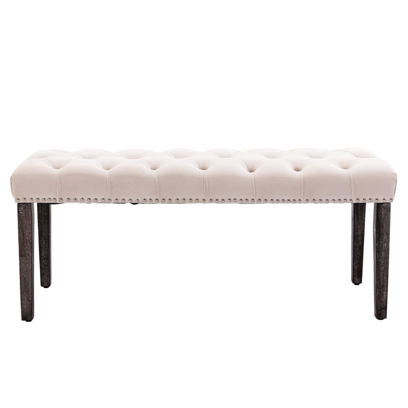 Beige Upholstered Velvet Bedroom Bench, 43.94" L, 17.09" W, 19.45" H, Protects Floors, For Garage Accent Entryway, Beige