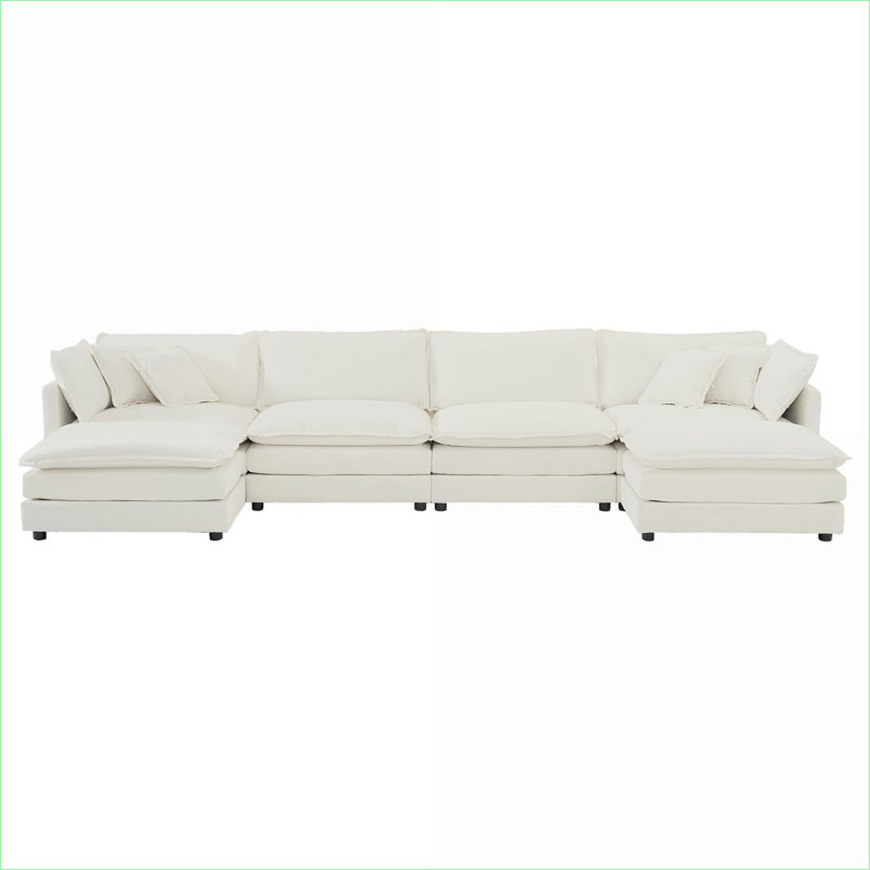 Canapés modulaires | Modulaire moderne en forme de U pour le salon et amp; Cinéma maison, méridienne réversible, repose-pieds double supplémentaire | Blanc neige | Chenille