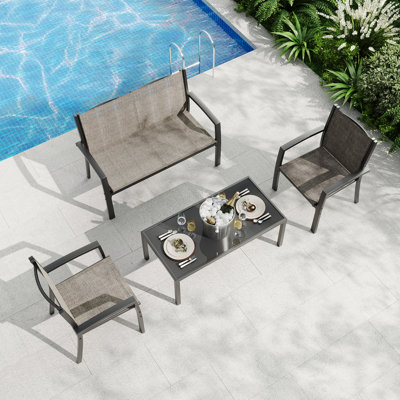 Ensemble de mobilier de patio 4 pièces, ensemble de conversation extérieur avec causeuse, 2 chaises simples et table basse, ensemble de patio moderne en métal avec sièges en textilène respirant pour porche, cour arrière, balcon
