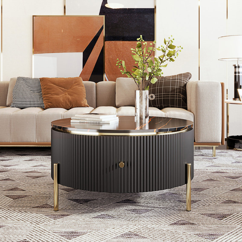 Table basse ronde moderne avec 2 grands tiroirs de rangement, table d'appoint et table basse
