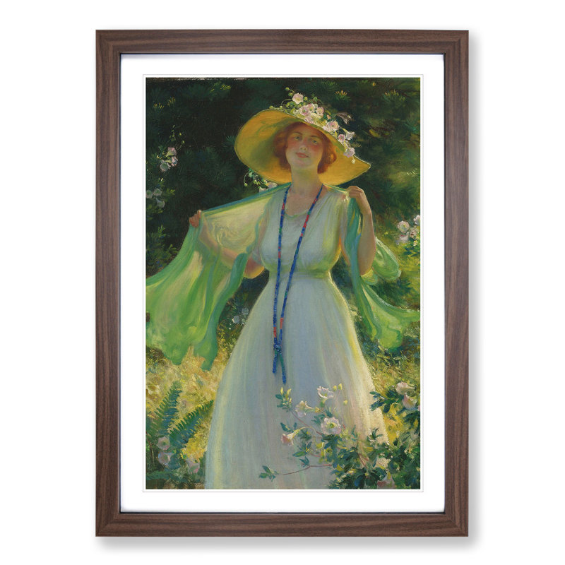 Lady in a Summer Garden by Charles Curran - Picture Frame Painting, 36cm H x 27cm W x 2cm D, Walnut Framed