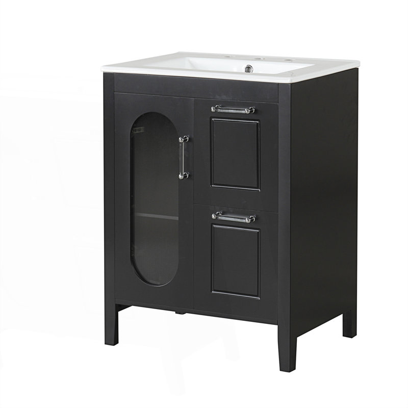 Meuble-lavabo avec lavabo, meuble-lavabo avec deux tiroirs et porte, Noir