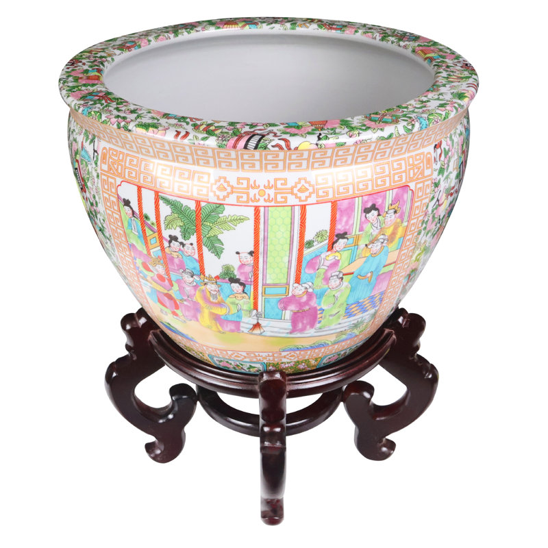 Pot à fleurs chinois en porcelaine à motif médaillon rose, H 10 po x l 14 po x P 14 po