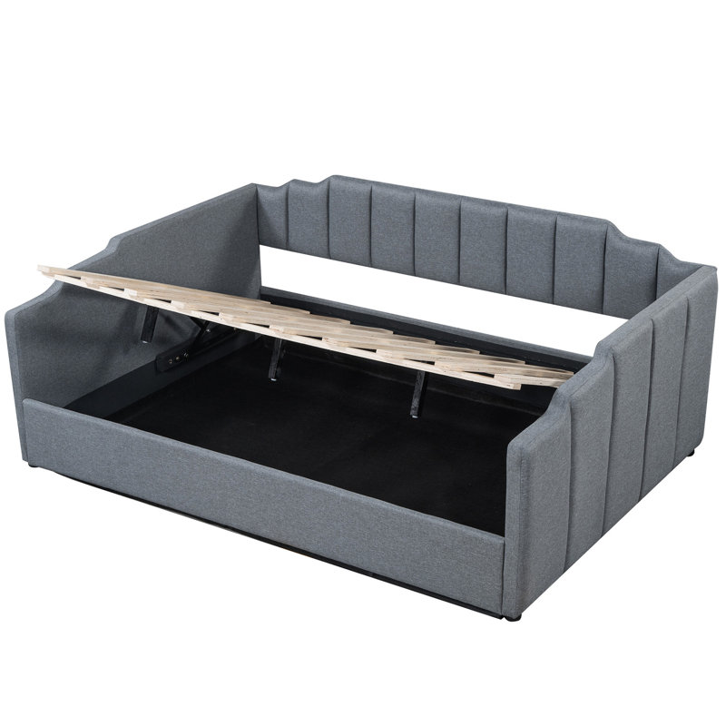Lit de jour rembourré gris de taille double avec option sous le lit - et lit de jour au design fonctionnel, rangement double polyvalent et confortable