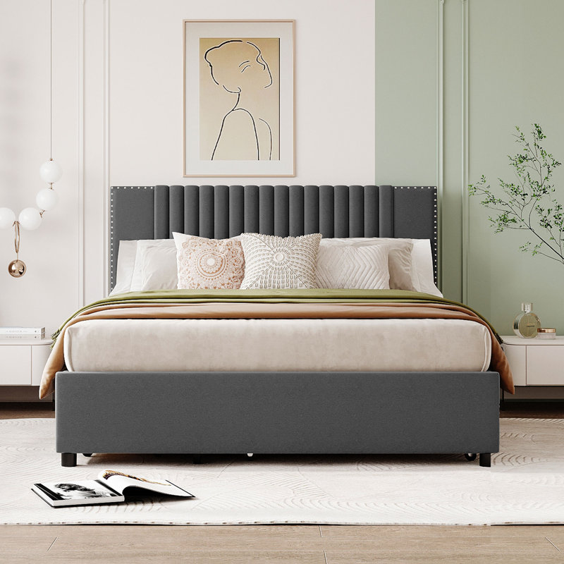 Full Size Bed With Twin Size Trundle, gris, Grand