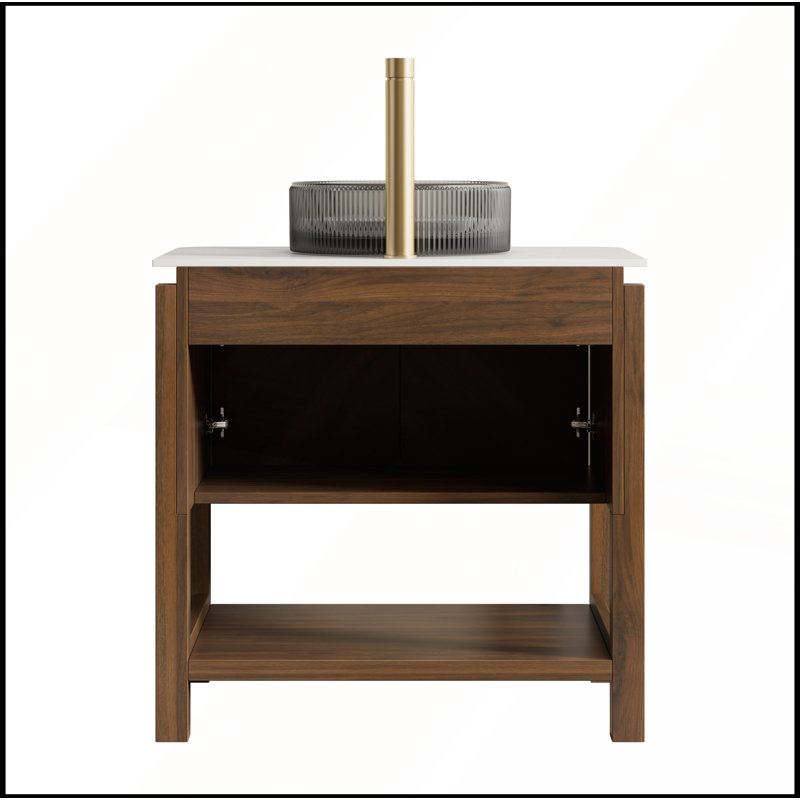 Meuble-lavabo autoportant de 30 po avec plateau en pierre frittée, lavabo en verre noir et portes rayées diagonales pour un rangement élégant