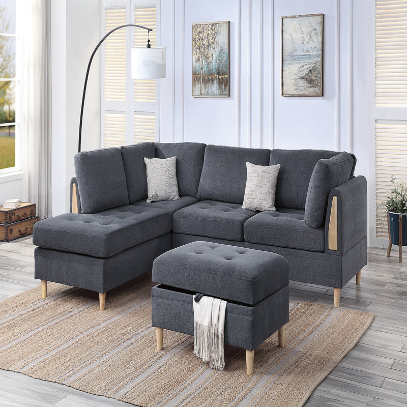 Upholstered L-Shaped Sectional Reversible, Charcoal