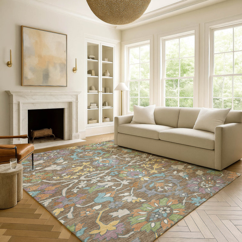 Machine Washable Indoor/Outdoor Chantille ACN2587 Floral Rug, Mocha, 10' x 14'