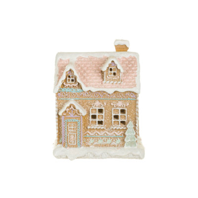 White Resin Gingerbread House Warm White LED Display with Snowy Chimney