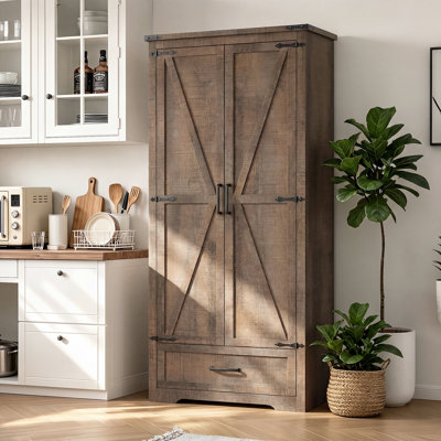 72" Farmhouse Kitchen Pantry Cabinet - Wood Tall Kitchen Storage Cabinet With Adjustable Shelves And 2 Barn Doors & Drawer