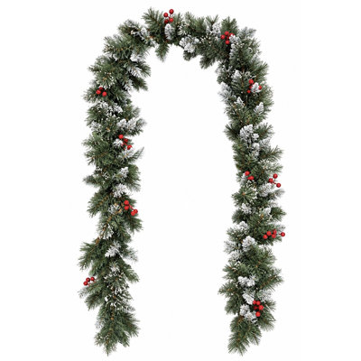 Guirlande de Noël enneigé 9 pi avec baies rouges, guirlande de Noël artificielle givrée pour manteau de cheminée, escalier, décoration de voûte de Noël
