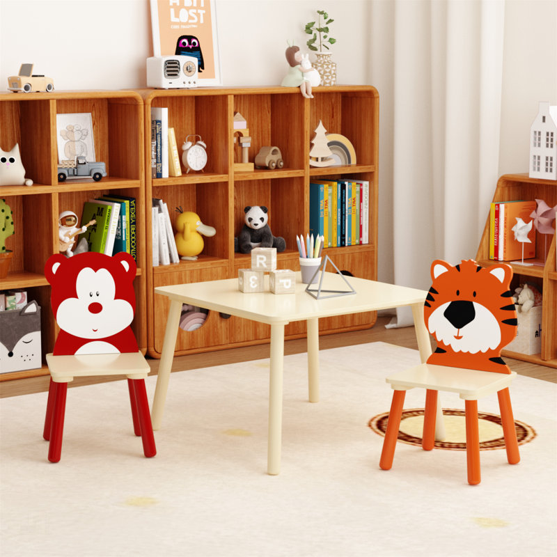 Kids Table And 2 Chairs Set ,Wooden Activity Play Table Set (Bear&Tiger)