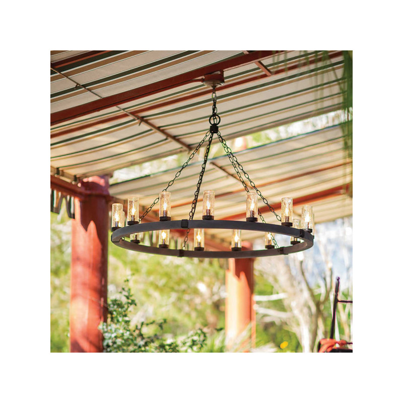 Sawyer 12-Light Single Tier Outdoor Rustic Chandelier, Aged Zinc