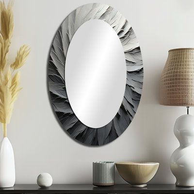 Grey Beige Meditative Movement II - Gray Modern Oval Wall Mirror