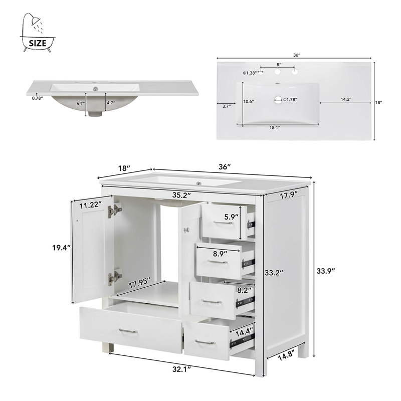 Reames 36'' Single Bathroom Vanity with Ceramic Top