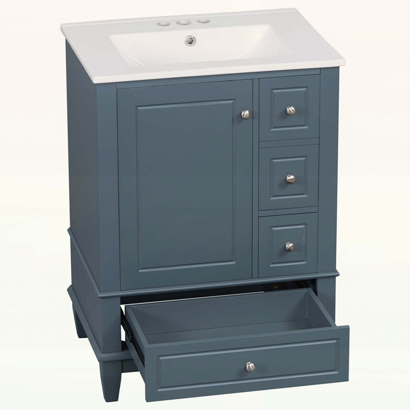 Meuble-lavabo élégant avec lavabo en céramique, tiroirs et tablettes pour petits espaces, Bleu gris