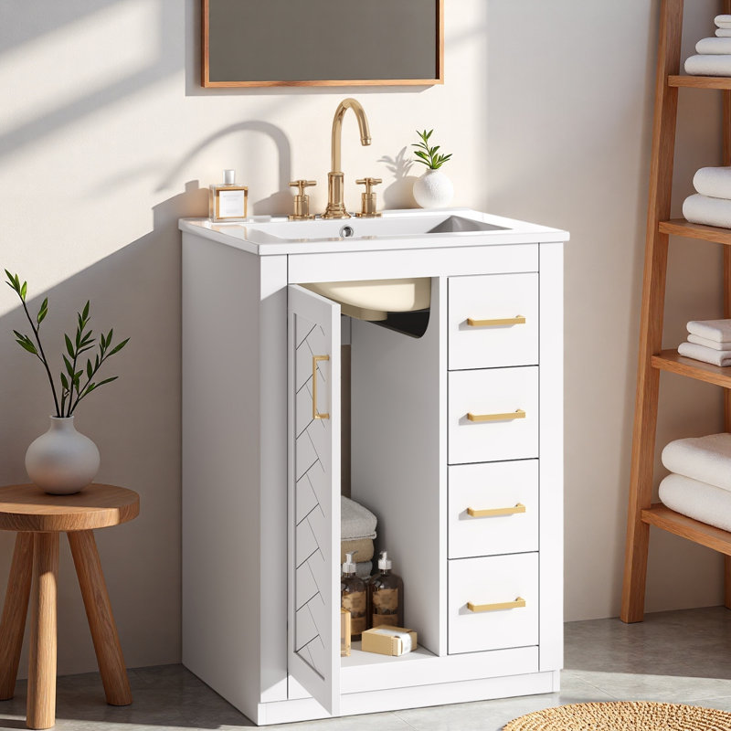 Meuble-lavabo avec lavabo en céramique, 1 armoire et 3 tiroirs, Blanc