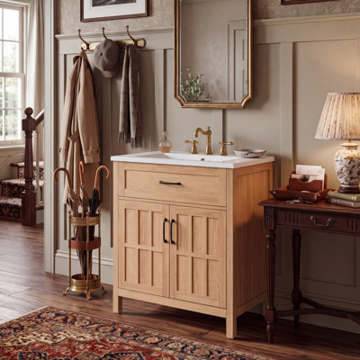 30-Inch Modern Farmhouse Bathroom Storage Vanity With Sink, Solid Wood Base Cabinet With 2-Door Organizers And Adjustable Shelving