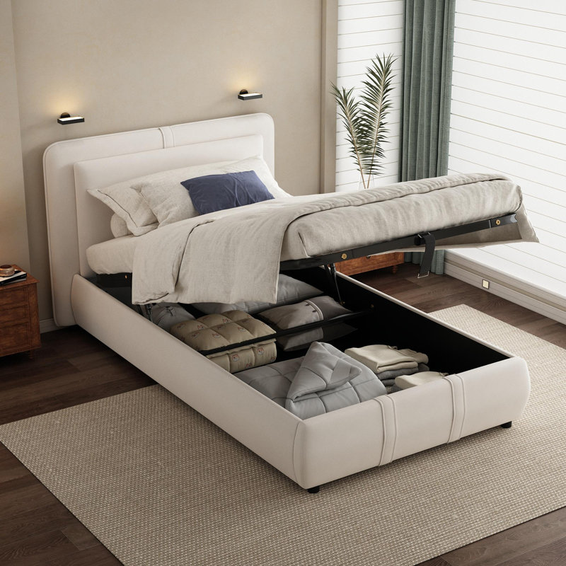 Upholstered Ottoman Storage Bed, Beige, Single (3')