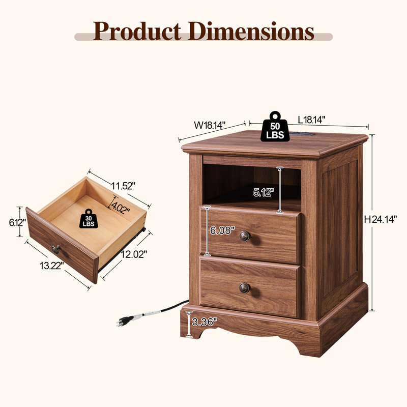 End Table with Charging Station and 2 Drawers, Light Walnut