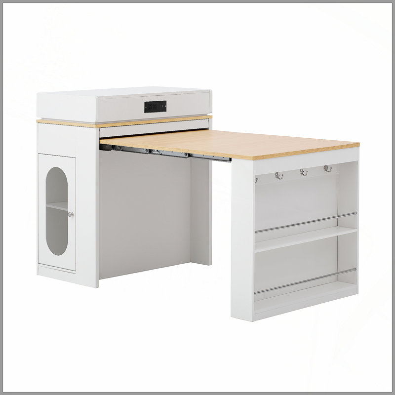 Table de salle à manger extensible avec plateau de table pliable, table de bar avec tiroirs et prise de courant, îlot de cuisine avec roulettes et crochets, buffet pour la cuisine et la salle à manger (blanc crème + naturel)