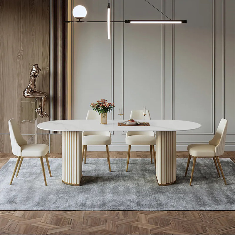  Table de salle à manger moderne minimaliste ovale avec plateau de table en pierre frittée, Blanc lustré