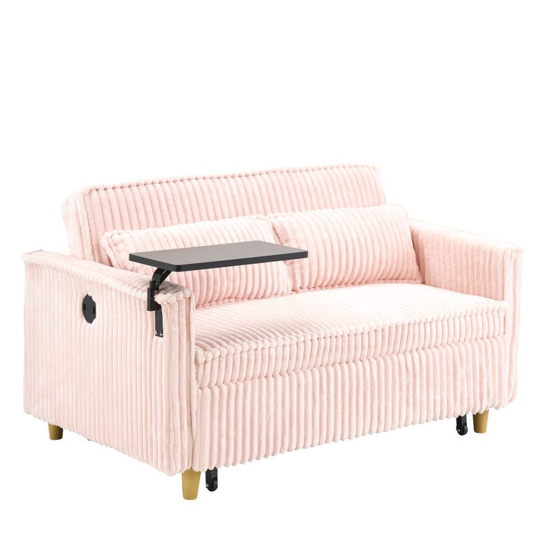 Assise double en velours côtelé 2 fonctions avec mécanisme de traction, plateau de table mobile, table d'appoint pour téléphone et table, ports pour appareils électroniques, salon idéal