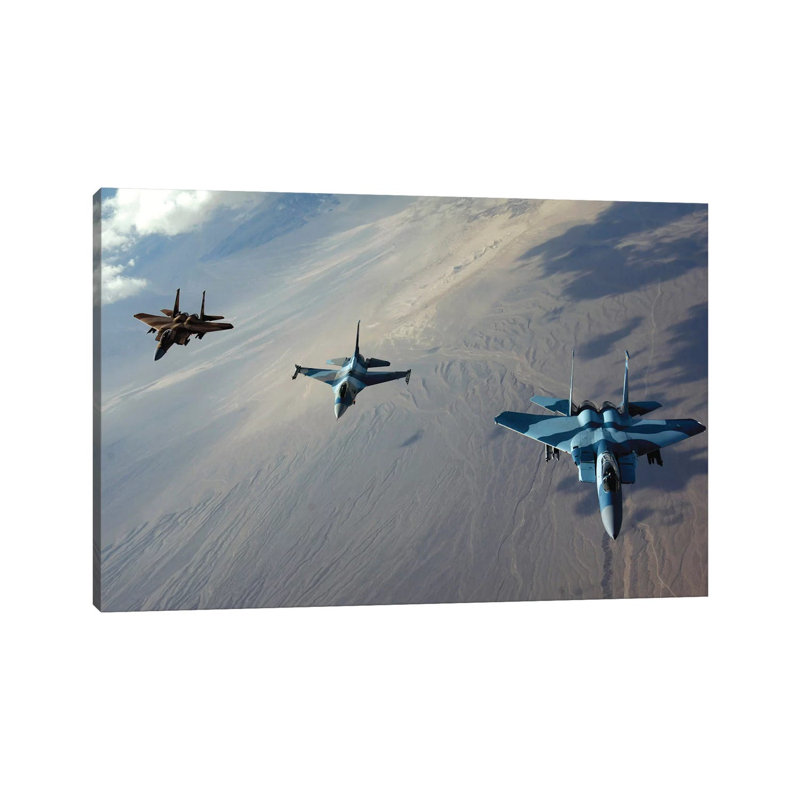 F-15 Eagles And A F-16 Fighting Falcon Fly In Formation - Wrapped Canvas Print, 101.6 cm H x 66.04 cm W x 1.91 cm D
