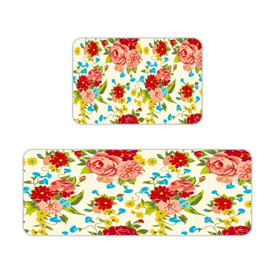 Ensemble de 2 tapis de cuisine Vintage Rose Mixed Floral Floral Cream