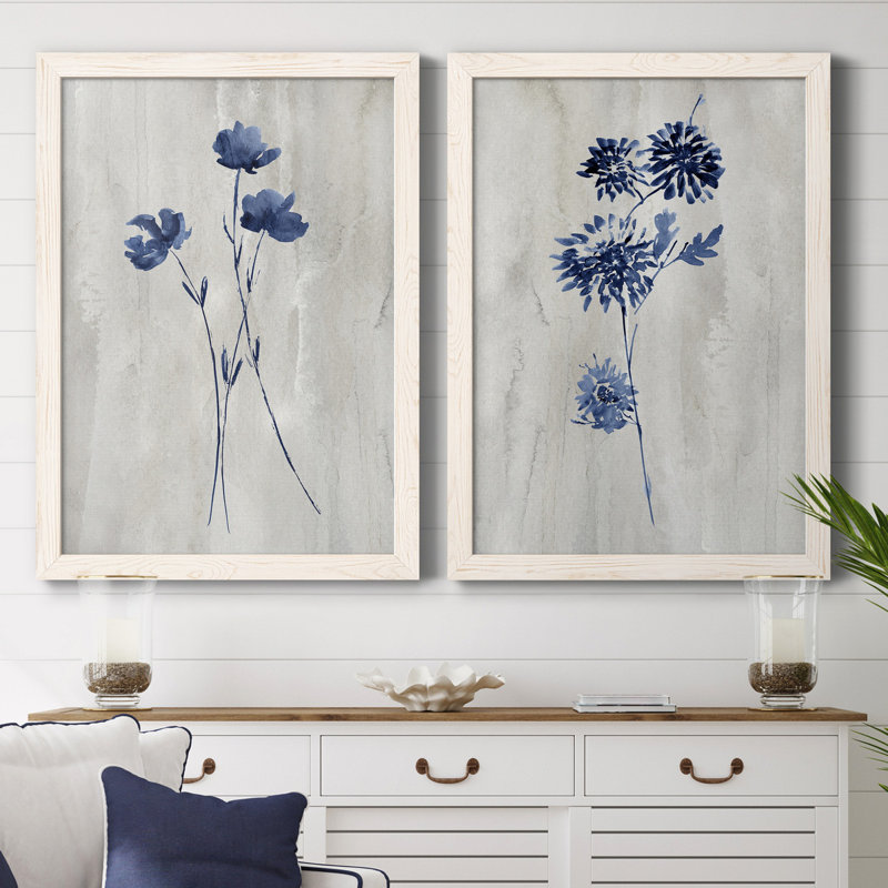 Indigo Botanical III - ensemble de 2 reproductions d'impressions, H 37,5 po x l 55 po x P 1,5 po, Toile blanche encadrée