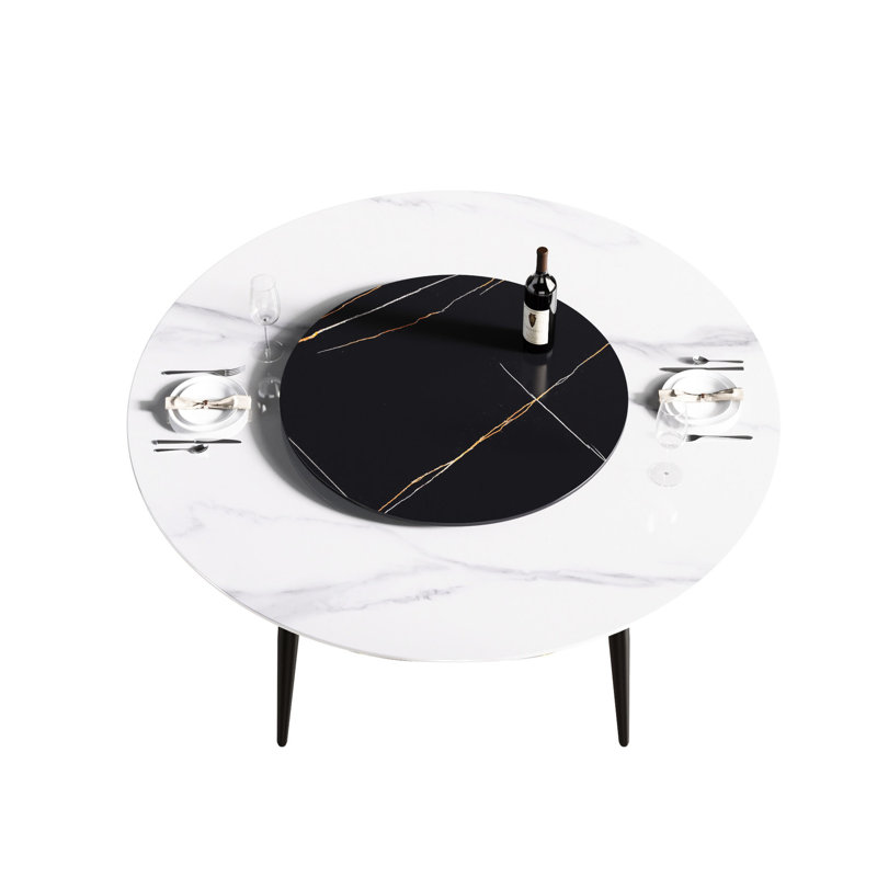 Table de salle à manger 58,71 "avec plateau en pierre artificielle - cadre en métal noir 6 places 31,5" tourne-disque statique statique moderne
