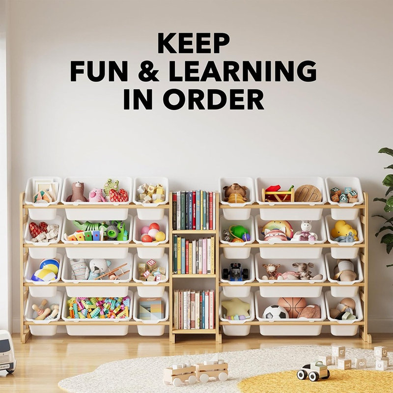 Grand organisateur de rangement pour jouets avec 24 bacs et 3 tablettes - bibliothèque et tablette de rangement pour salle de jeux, chambre à coucher et chambre de bébé, blanc
