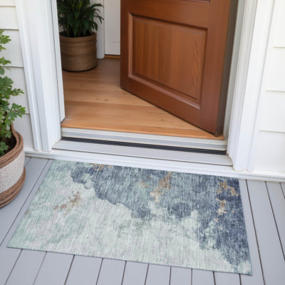 Machine Washable Indoor/Outdoor Xhevrie Seafoam Rug