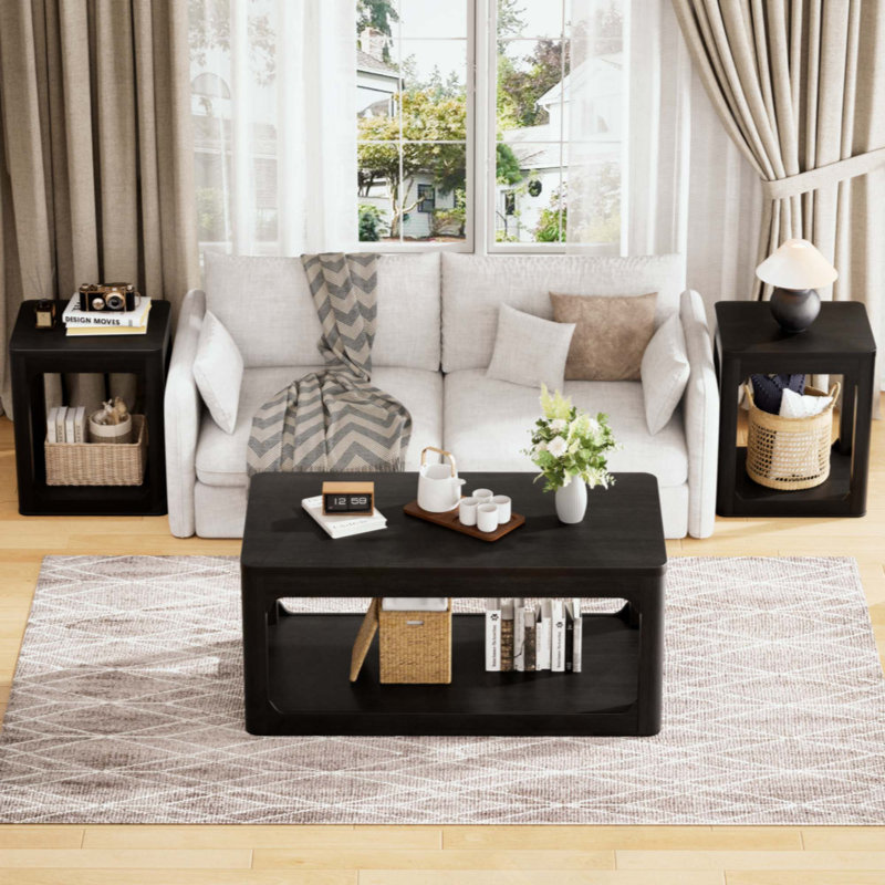 Ensemble de table basse de salon 3 pièces, table basse et table d'appoint de style moderne, offrant un grand espace de rangement et des bords lisses et arrondis. Idéal pour les salons, les chambres à coucher, les bureaux et plus encore