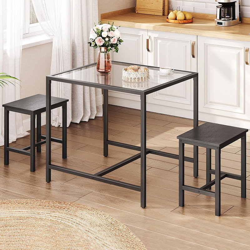 Ensemble de table de salle à manger moderne en verre pour petits espaces, table de cuisine rectangulaire avec 3 chaises, ensemble de salle à manger de mobilier de maison, noir - ensemble de 4 pièces / taille standard / verre et métal / moderne