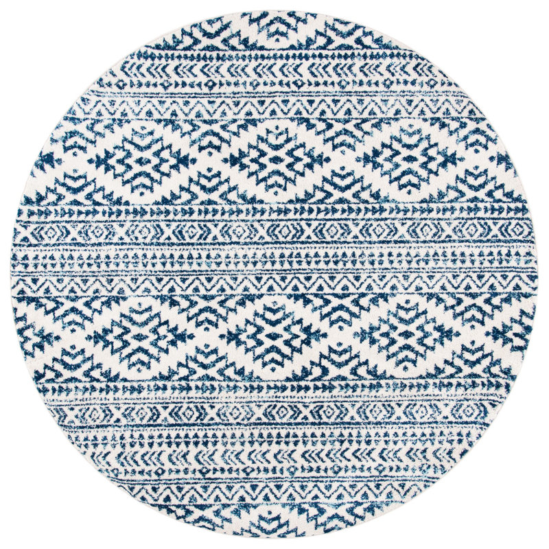 Tapis ivoire / bleu marine à motif géométrique Cobos, Rond 3 pi