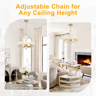 5-Light Modern Brass Chandelier with Cognac Petal Glass Shades, Adjustable Chain