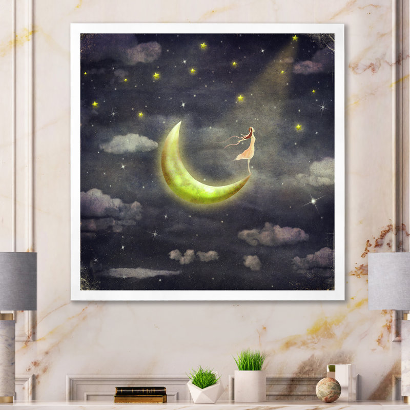«Cute Girl Lightning The Moon», art sur toile pour enfants, H 30 po x l 30 po x P 1 po, Cadre photo blanc