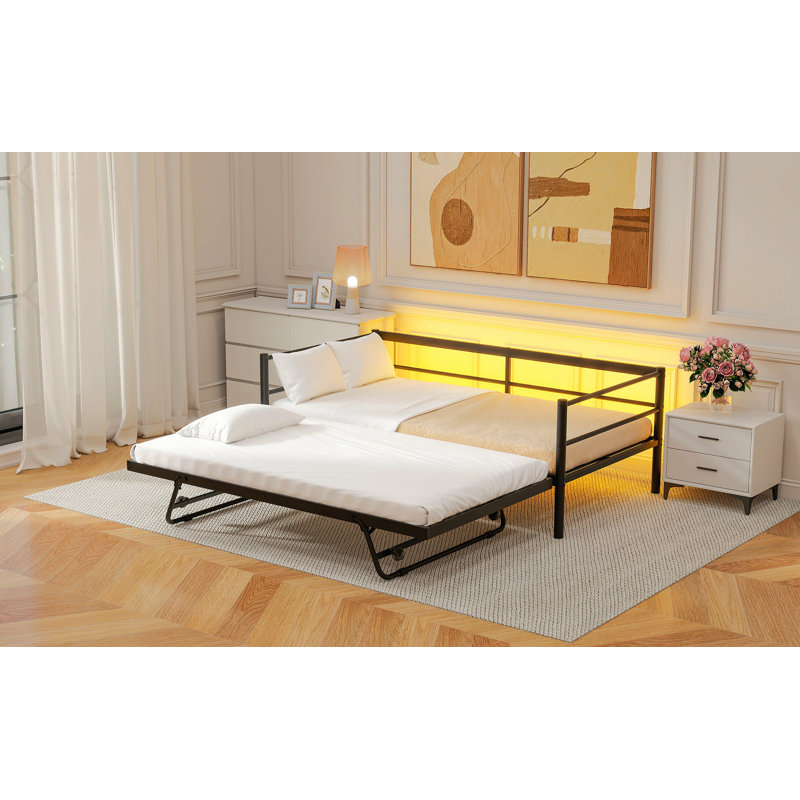 Twin  Metal Daybed With LED And Adjustable Trundle, Pop Up Trundle, Black